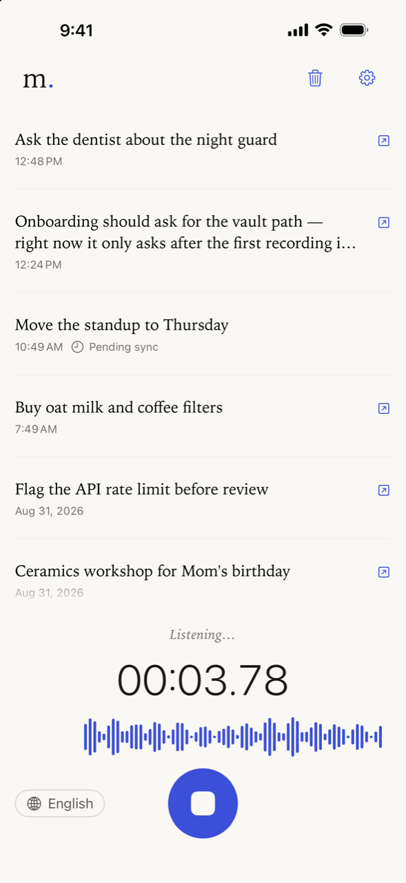 The Murmur iPhone app: saved ideas above an active recording, with a timer and indigo waveform.